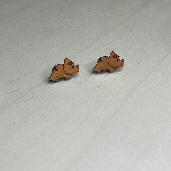 New Handcrafted Handpainted Lightweight triceratops Dinosaur Wood Earrings - Picture 2 of 7